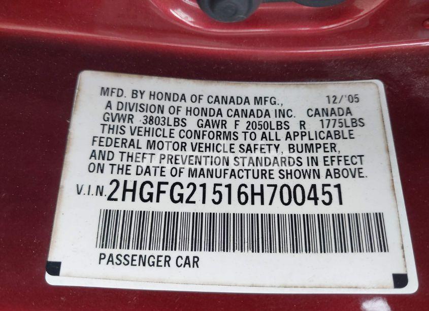 Photo 9 of 2006 Honda Civic SI (VIN 2HGFG21516H700451)