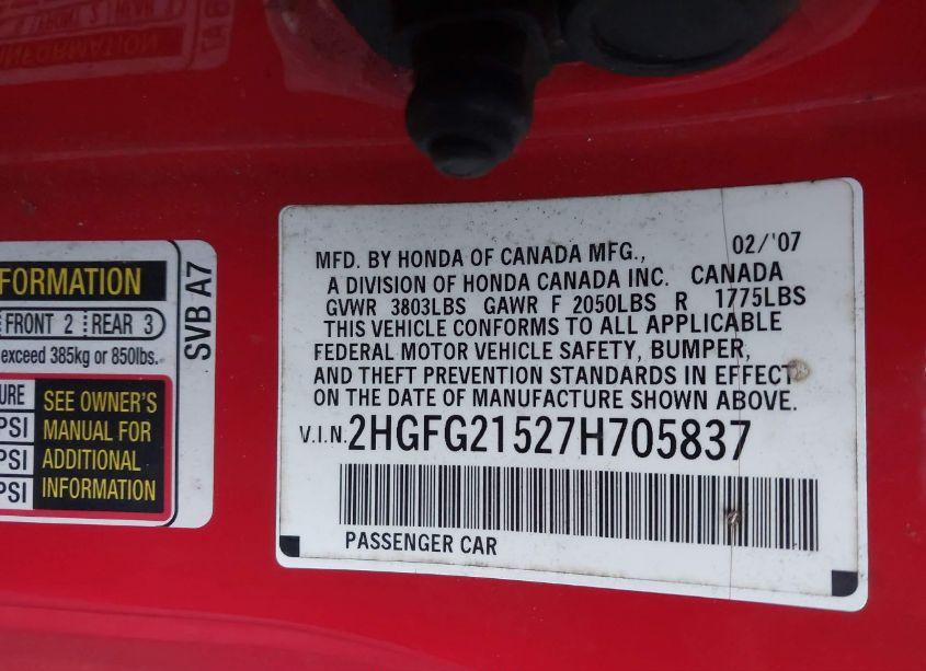 Photo 9 of 2007 Honda Civic SI (VIN 2HGFG21527H705837)