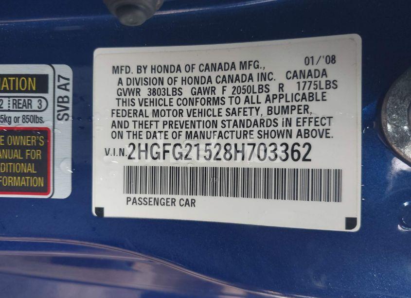 Photo 9 of 2008 Honda Civic SI (VIN 2HGFG21528H703362)