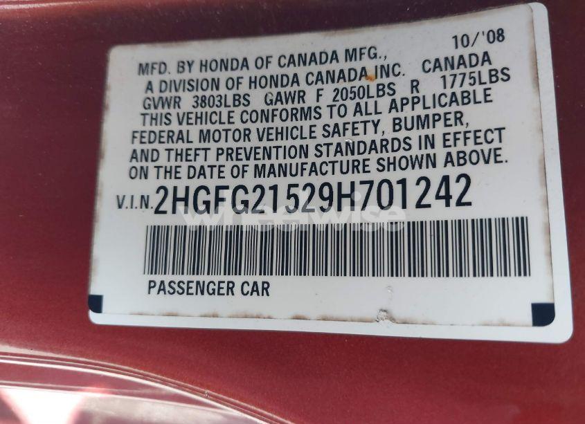 Photo 9 of 2009 Honda Civic SI (VIN 2HGFG21529H701242)