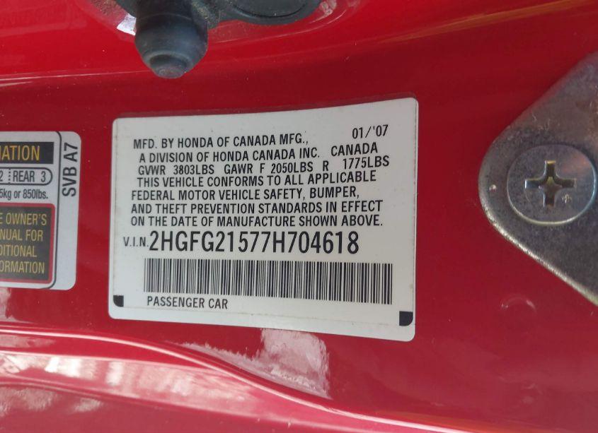 Photo 9 of 2007 Honda Civic SI (VIN 2HGFG21577H704618)