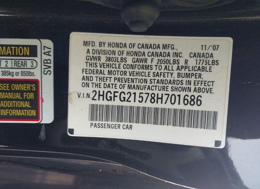 Photo 9 of 2008 Honda Civic SI (VIN 2HGFG21578H701686)