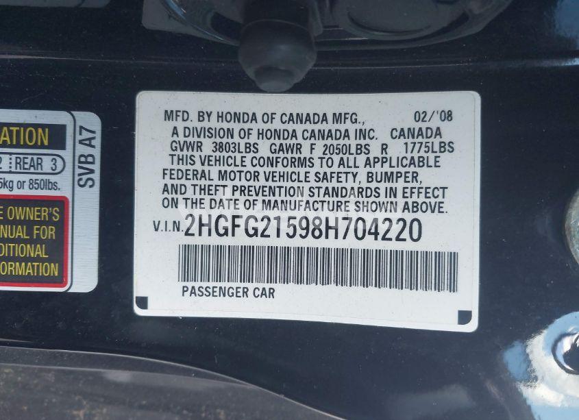 Photo 9 of 2008 Honda Civic SI (VIN 2HGFG21598H704220)