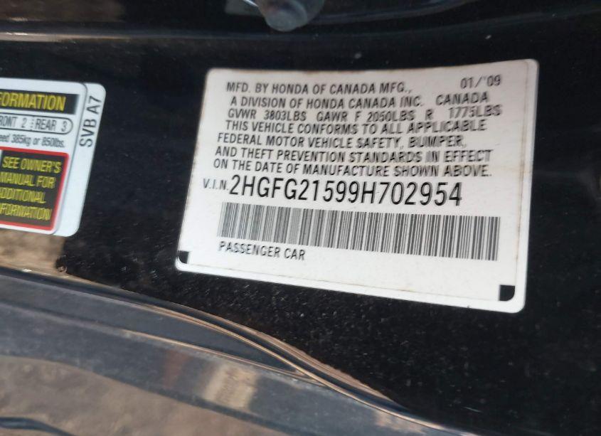 Photo 9 of 2009 Honda Civic SI (VIN 2HGFG21599H702954)