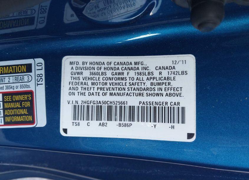 Photo 9 of 2012 Honda Civic LX (VIN 2HGFG3A50CH525661)