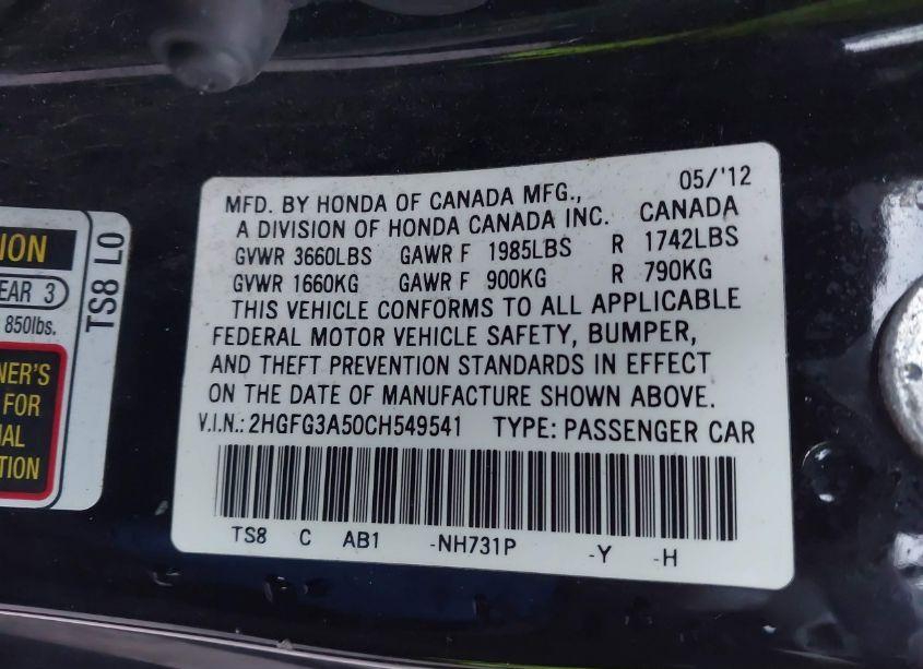 Photo 9 of 2012 Honda Civic LX (VIN 2HGFG3A50CH549541)