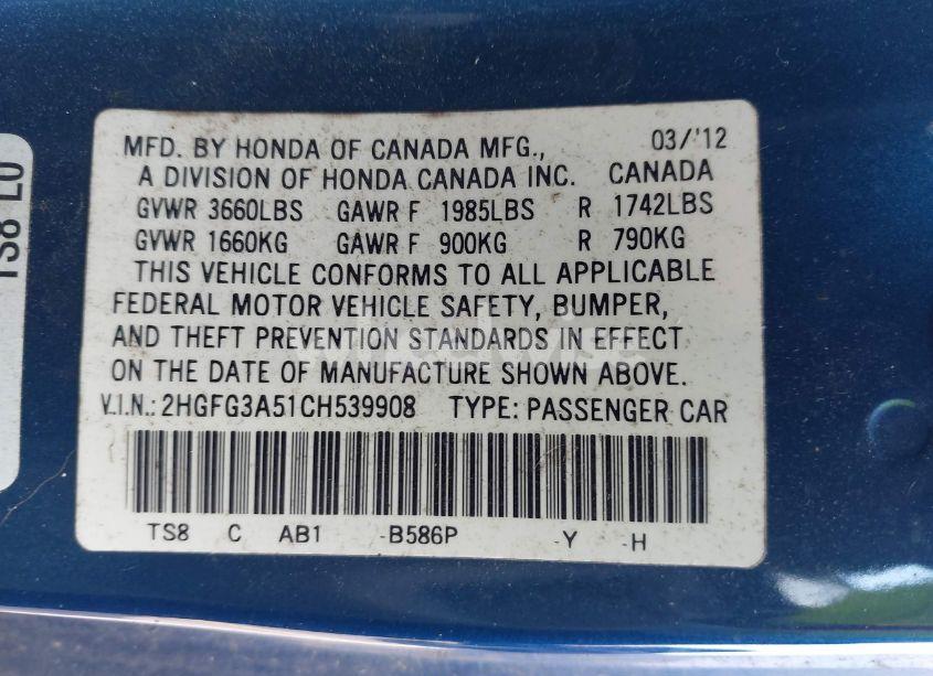 Photo 9 of 2012 Honda Civic LX (VIN 2HGFG3A51CH539908)