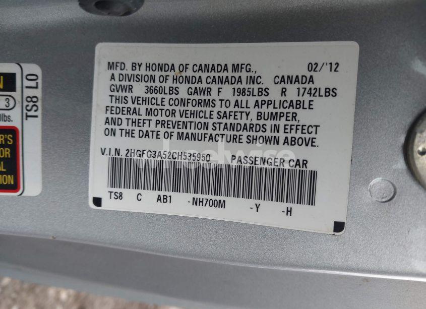 Photo 9 of 2012 Honda Civic LX (VIN 2HGFG3A52CH535950)