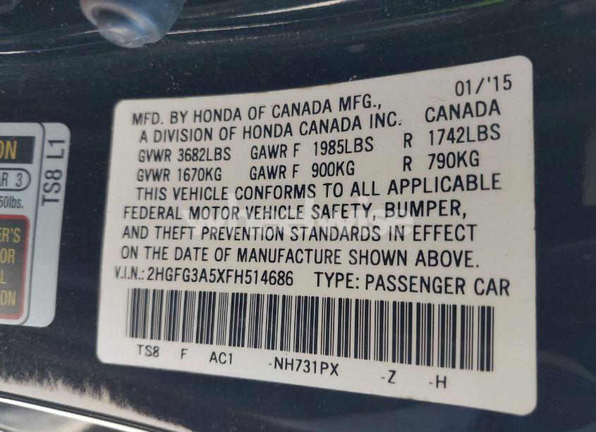Photo 9 of 2015 Honda Civic LX (VIN 2HGFG3A5XFH514686)