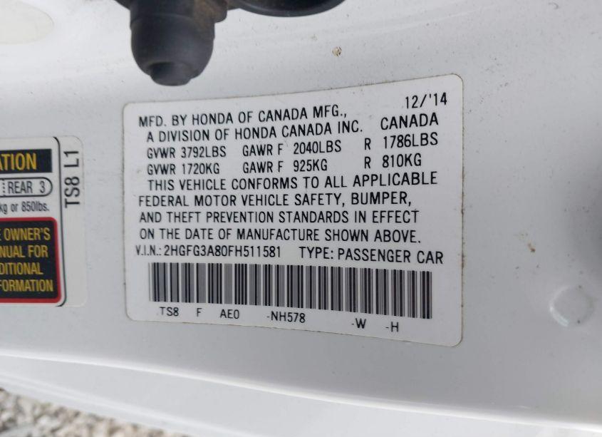 Photo 9 of 2015 Honda Civic EX (VIN 2HGFG3A80FH511581)