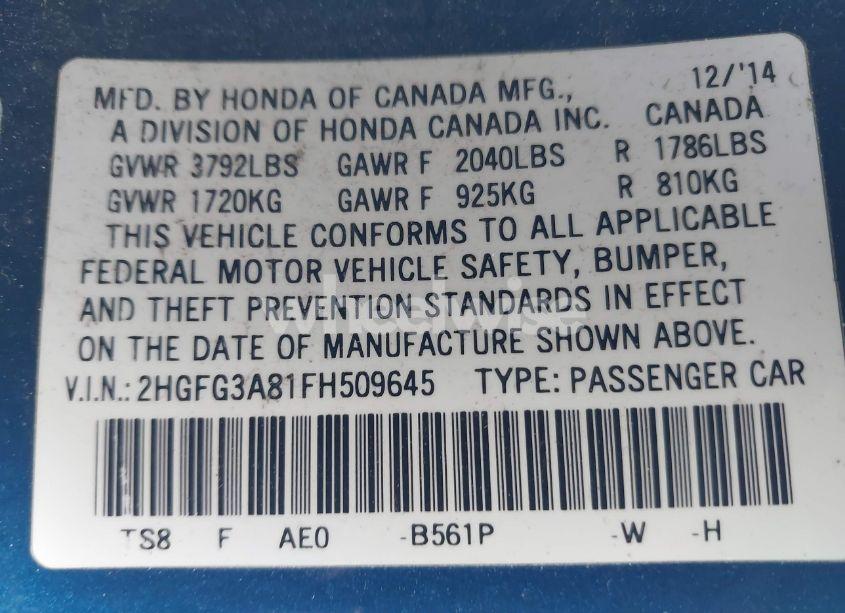Photo 9 of 2015 Honda Civic EX (VIN 2HGFG3A81FH509645)