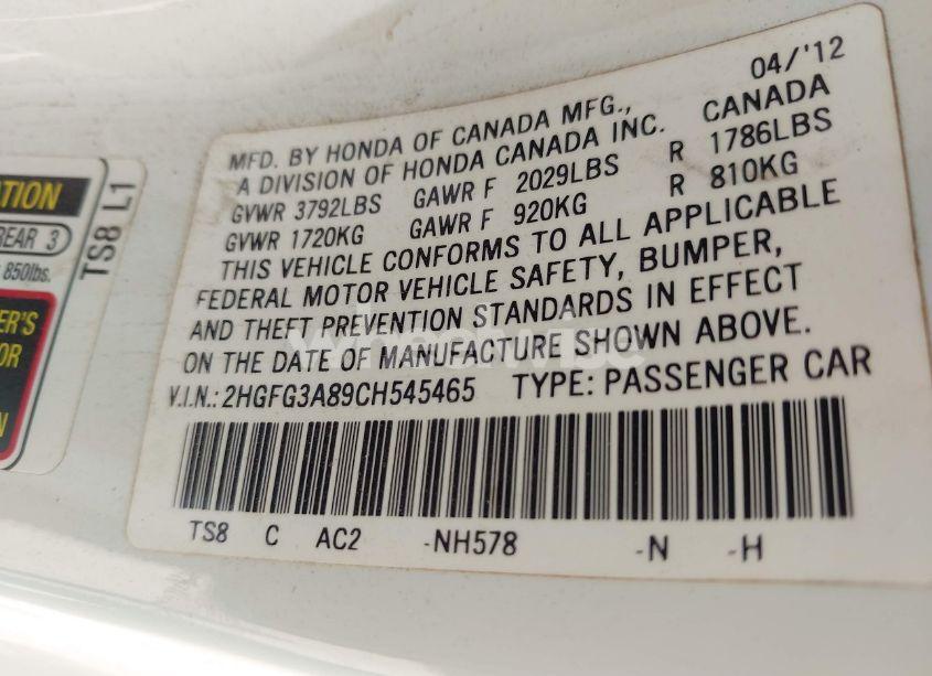 Photo 9 of 2012 Honda Civic EX (VIN 2HGFG3A89CH545465)
