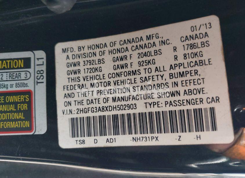 Photo 9 of 2013 Honda Civic EX (VIN 2HGFG3A8XDH502903)