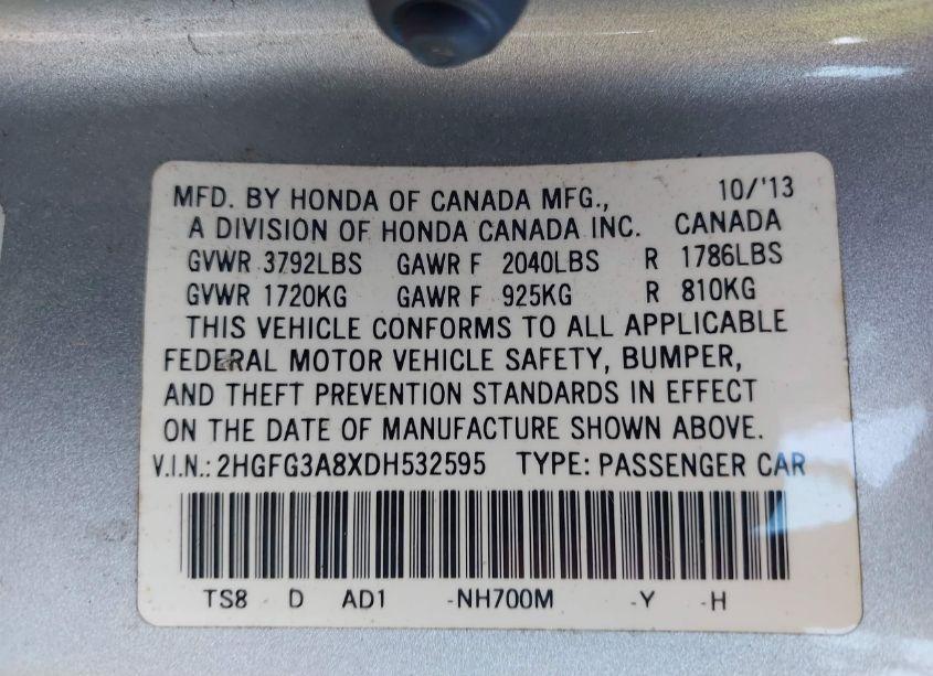 Photo 9 of 2013 Honda Civic EX (VIN 2HGFG3A8XDH532595)