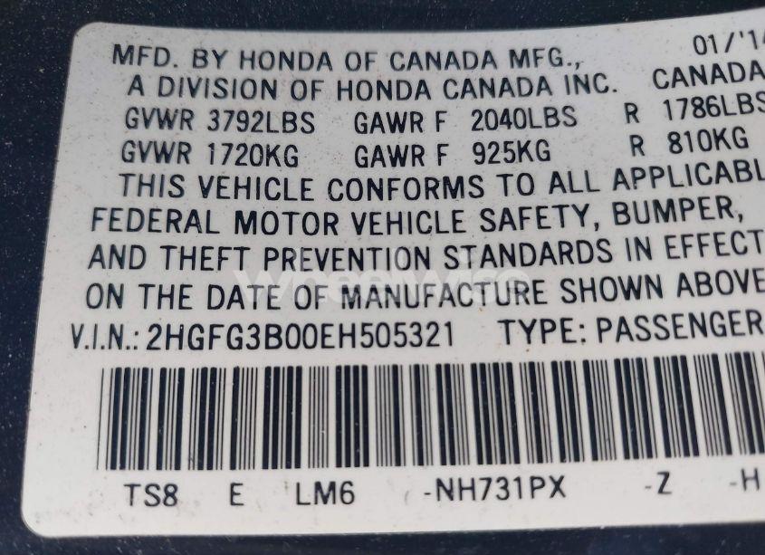 Photo 9 of 2014 Honda Civic EX-L (VIN 2HGFG3B00EH505321)