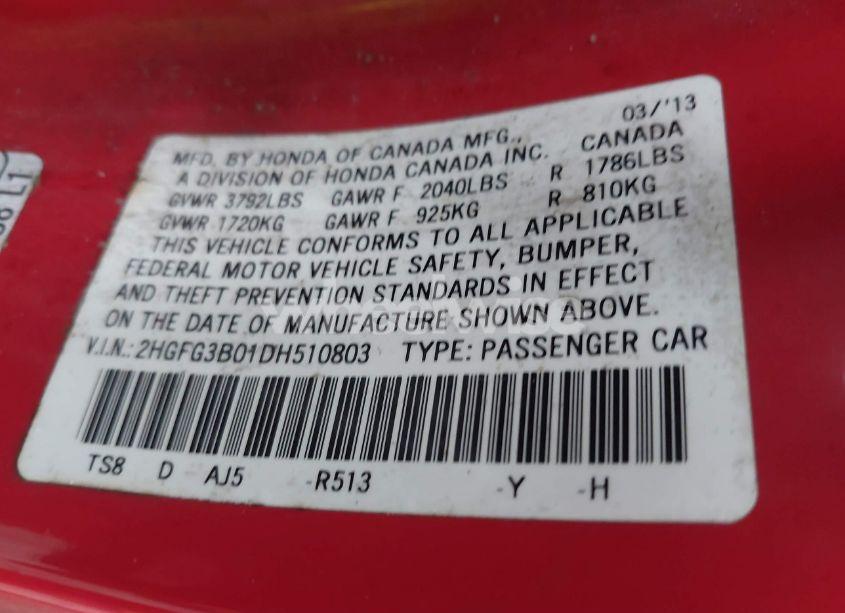 Photo 9 of 2013 Honda Civic EX-L (VIN 2HGFG3B01DH510803)