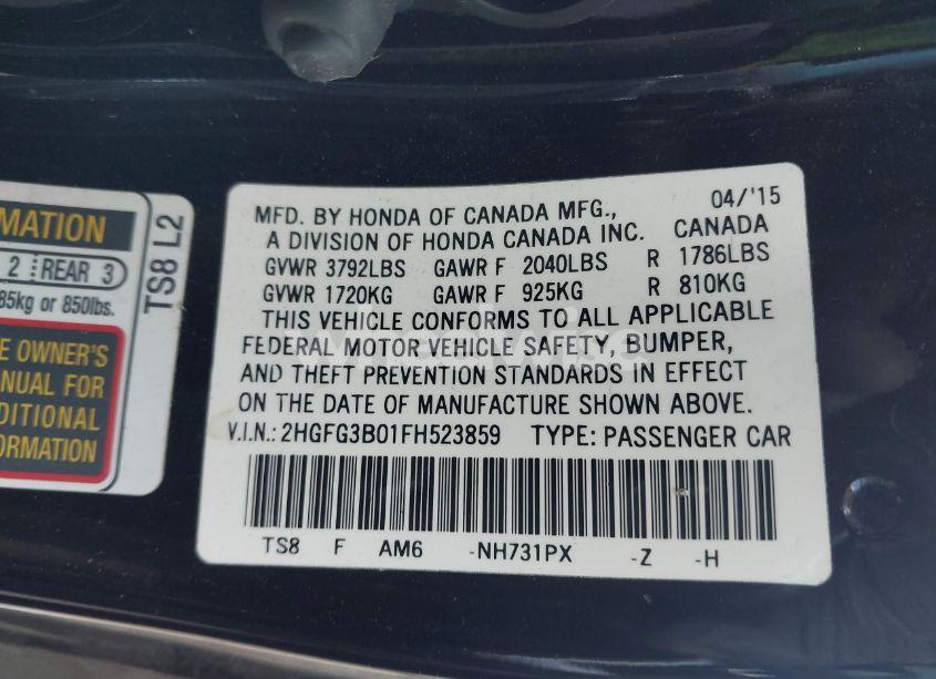 Photo 9 of 2015 Honda Civic EX-L (VIN 2HGFG3B01FH523859)