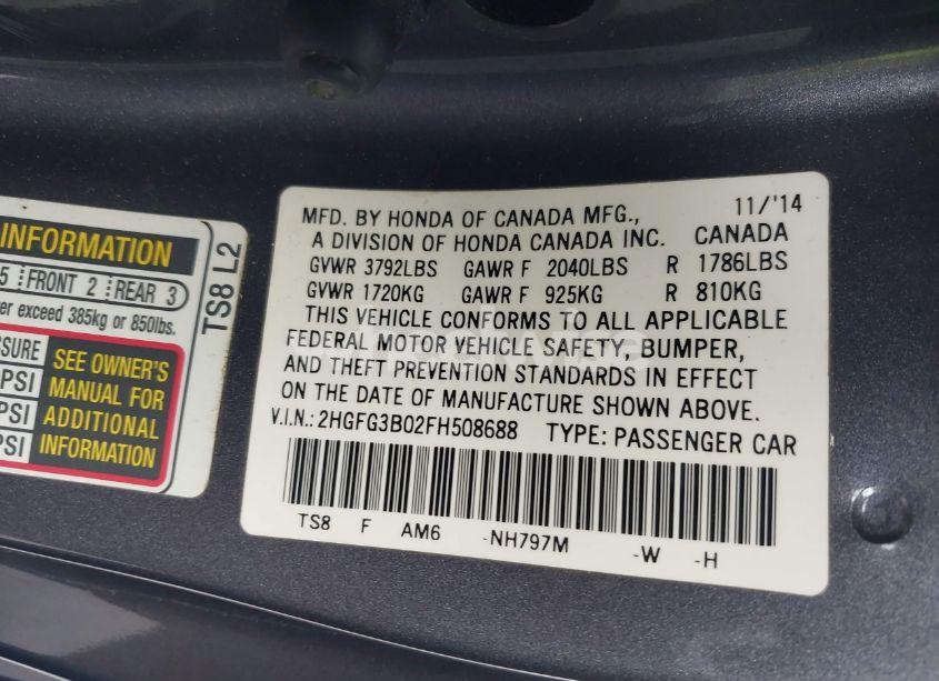 Photo 9 of 2015 Honda Civic EX-L (VIN 2HGFG3B02FH508688)