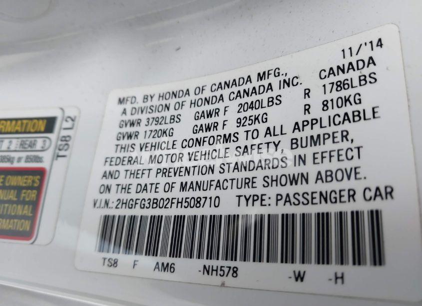 Photo 9 of 2015 Honda Civic EX-L (VIN 2HGFG3B02FH508710)