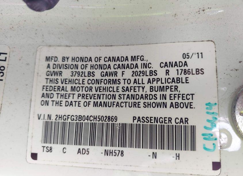 Photo 9 of 2012 Honda Civic EX-L (VIN 2HGFG3B04CH502869)