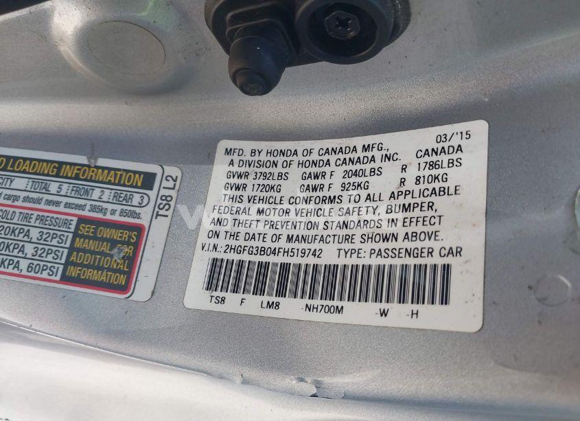 Photo 9 of 2015 Honda Civic EX-L (VIN 2HGFG3B04FH519742)