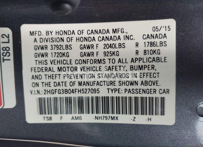Photo 9 of 2015 Honda Civic EX-L (VIN 2HGFG3B04FH527095)