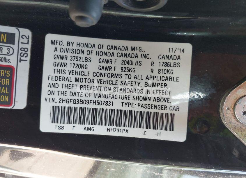 Photo 9 of 2015 Honda Civic EX-L (VIN 2HGFG3B09FH507831)