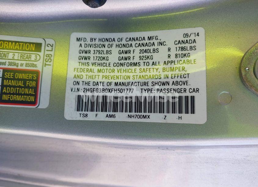 Photo 9 of 2015 Honda Civic EX-L (VIN 2HGFG3B0XFH501777)