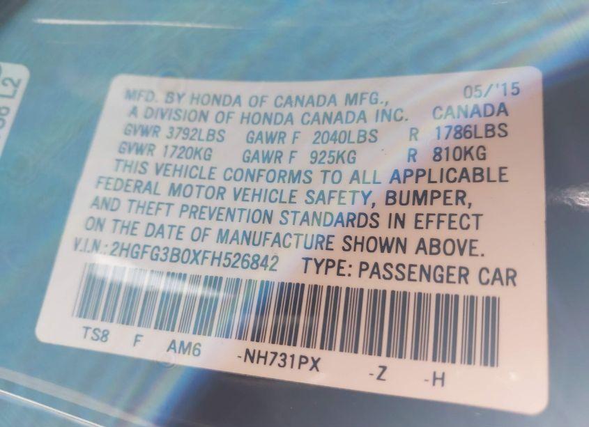 Photo 9 of 2015 Honda Civic EX-L (VIN 2HGFG3B0XFH526842)