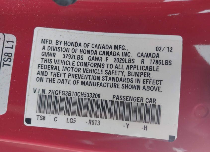 Photo 9 of 2012 Honda Civic EX-L (VIN 2HGFG3B10CH533206)