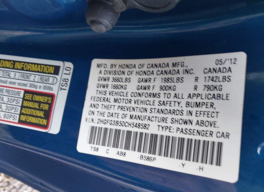 Photo 9 of 2012 Honda Civic LX (VIN 2HGFG3B50CH548582)