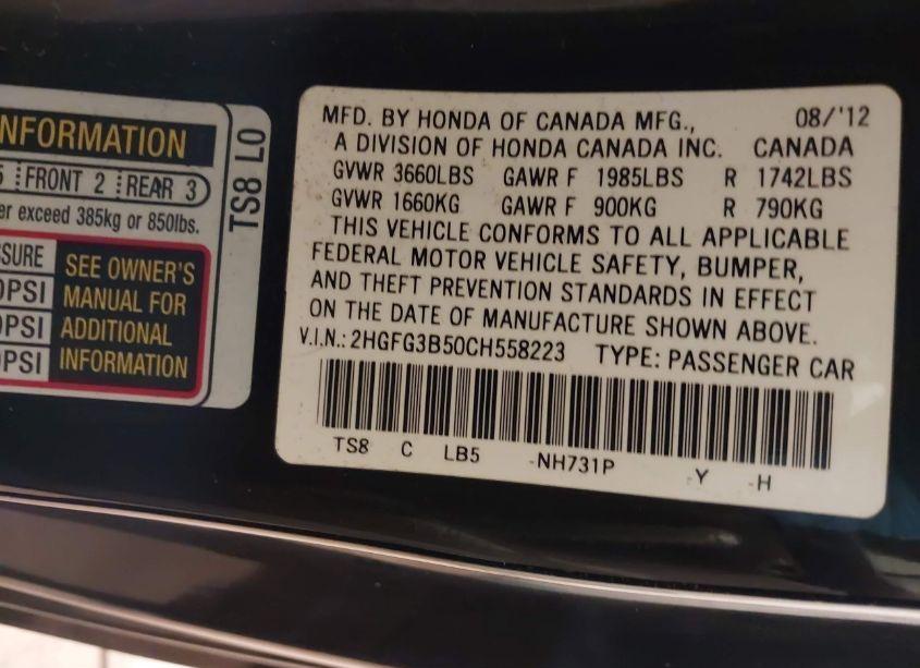 Photo 9 of 2012 Honda Civic LX (VIN 2HGFG3B50CH558223)