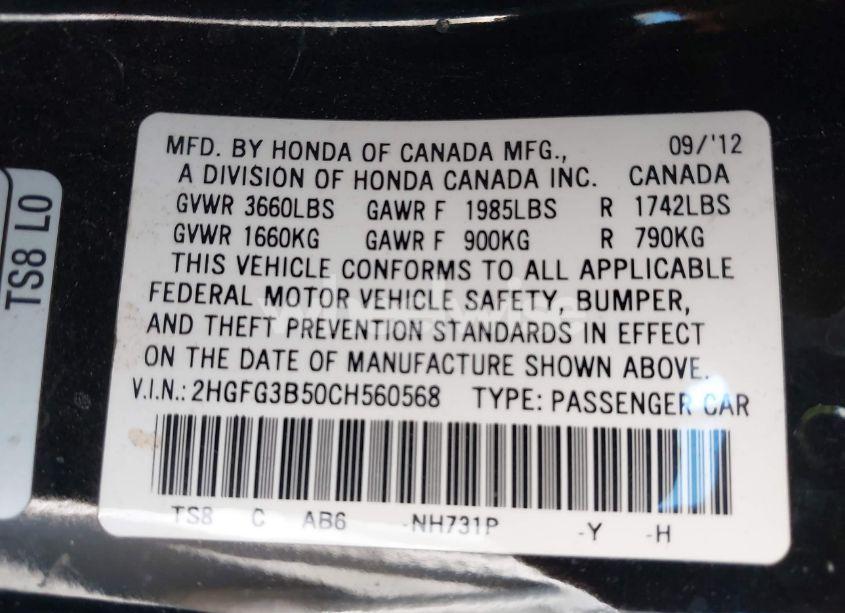 Photo 9 of 2012 Honda Civic LX (VIN 2HGFG3B50CH560568)