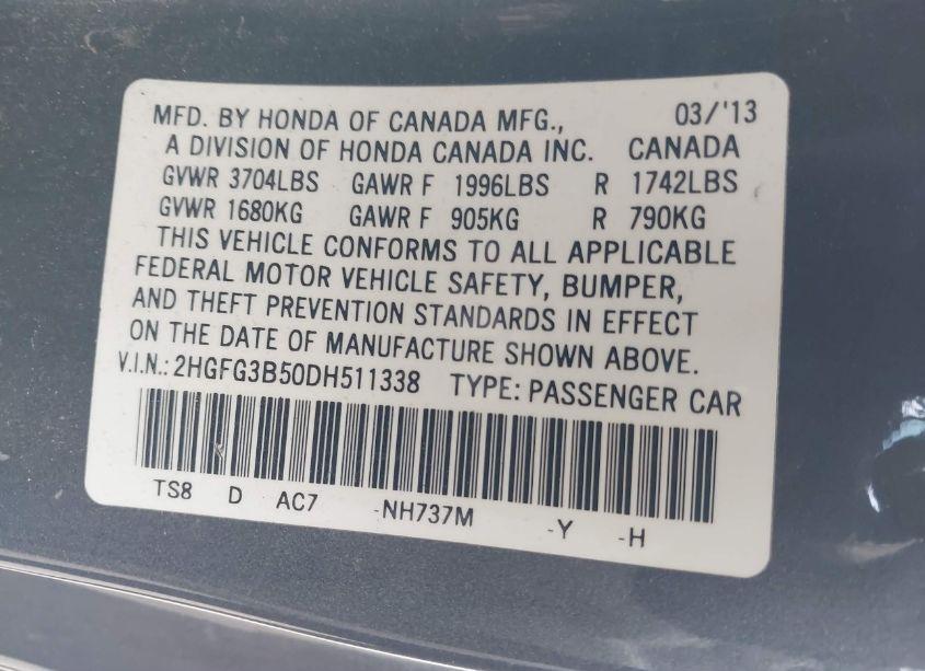 Photo 9 of 2013 Honda Civic LX (VIN 2HGFG3B50DH511338)