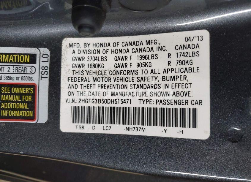 Photo 9 of 2013 Honda Civic LX (VIN 2HGFG3B50DH515471)