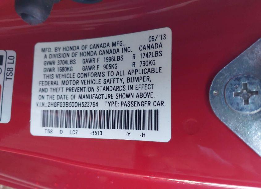 Photo 9 of 2013 Honda Civic LX (VIN 2HGFG3B50DH523764)