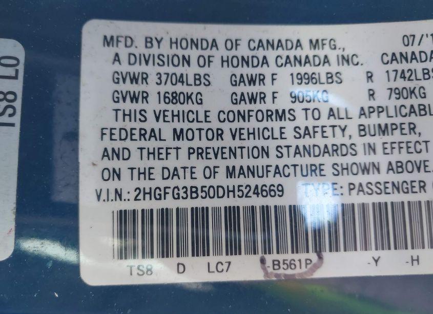 Photo 9 of 2013 Honda Civic LX (VIN 2HGFG3B50DH524669)