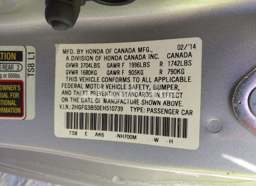 Photo 9 of 2014 Honda Civic (VIN 2HGFG3B50EH510739)