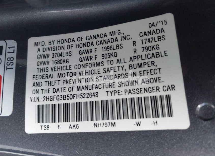 Photo 9 of 2015 Honda Civic LX (VIN 2HGFG3B50FH522648)