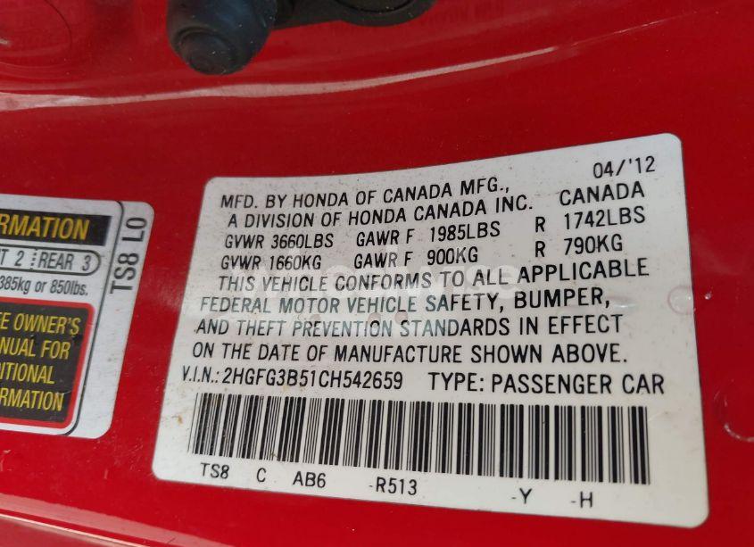 Photo 9 of 2012 Honda Civic LX (VIN 2HGFG3B51CH542659)