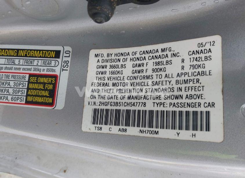 Photo 9 of 2012 Honda Civic LX (VIN 2HGFG3B51CH547778)