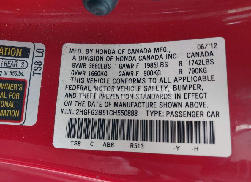 Photo 9 of 2012 Honda Civic LX (VIN 2HGFG3B51CH550888)