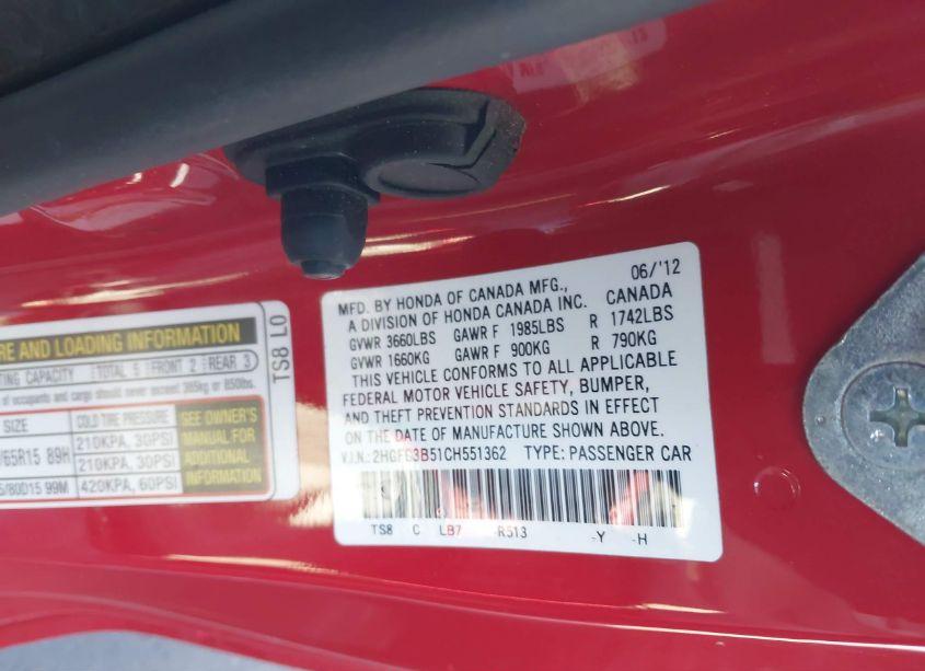 Photo 9 of 2012 Honda Civic LX (VIN 2HGFG3B51CH551362)