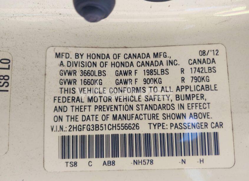 Photo 9 of 2012 Honda Civic LX (VIN 2HGFG3B51CH556626)