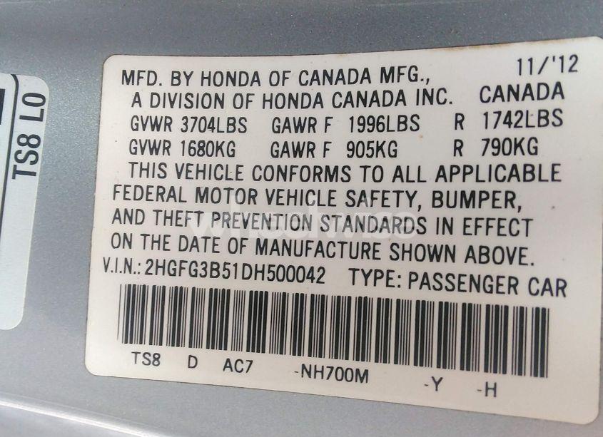 Photo 9 of 2013 Honda Civic LX (VIN 2HGFG3B51DH500042)