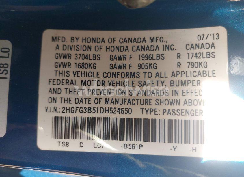 Photo 9 of 2013 Honda Civic LX (VIN 2HGFG3B51DH524650)