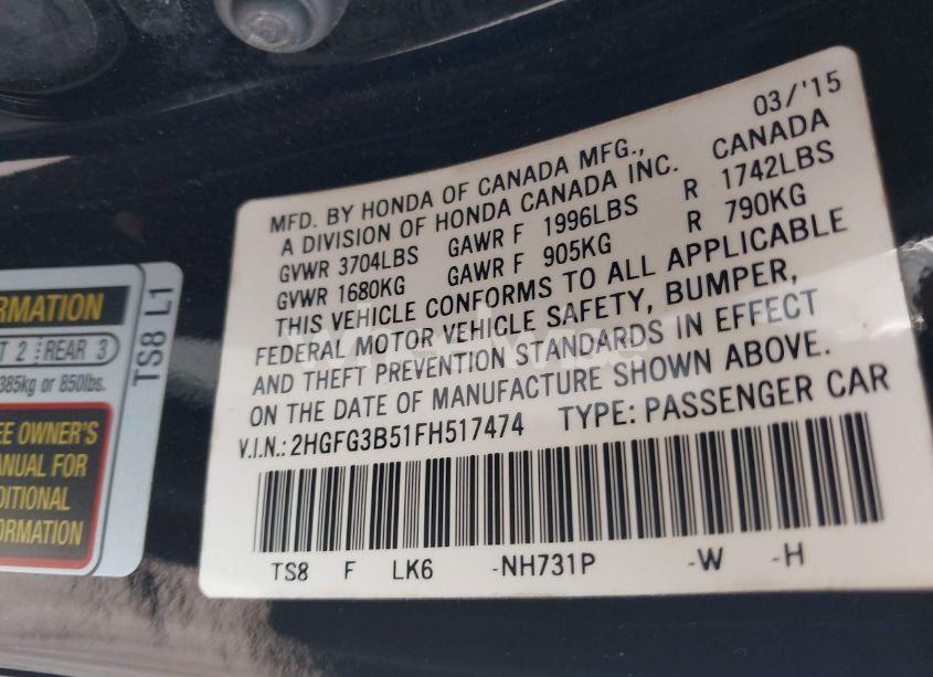 Photo 9 of 2015 Honda Civic LX (VIN 2HGFG3B51FH517474)