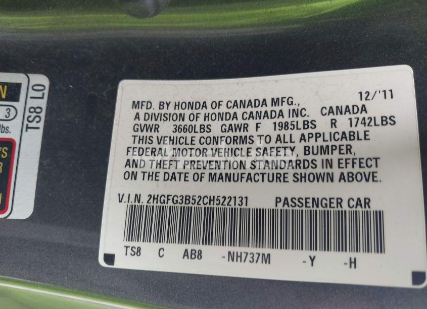 Photo 9 of 2012 Honda Civic LX (VIN 2HGFG3B52CH522131)