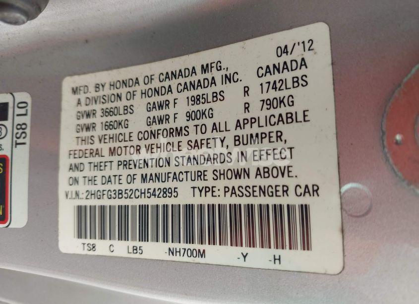 Photo 9 of 2012 Honda Civic LX (VIN 2HGFG3B52CH542895)