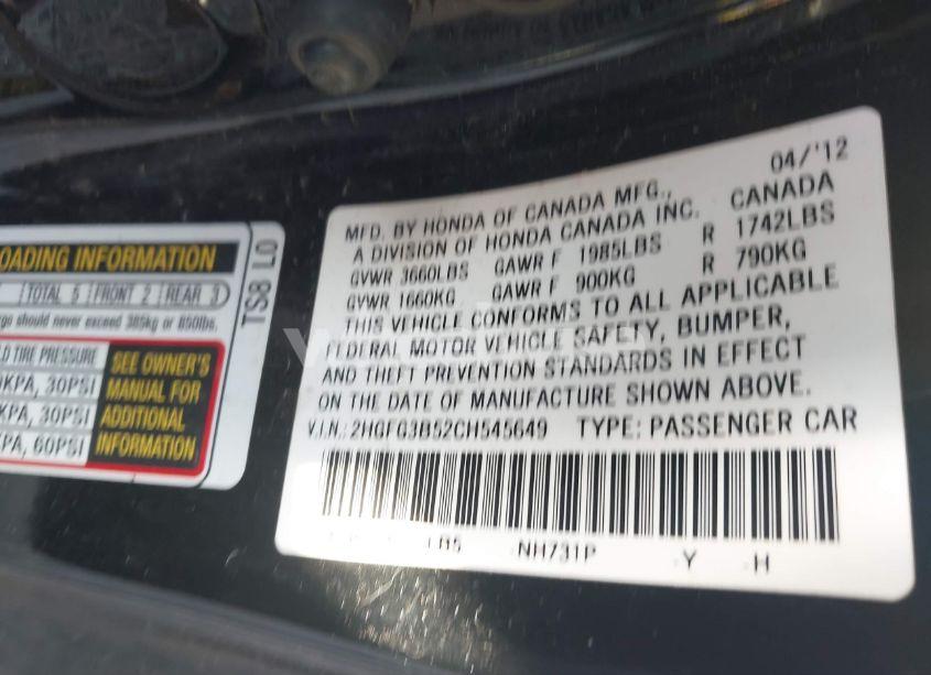 Photo 9 of 2012 Honda Civic LX (VIN 2HGFG3B52CH545649)